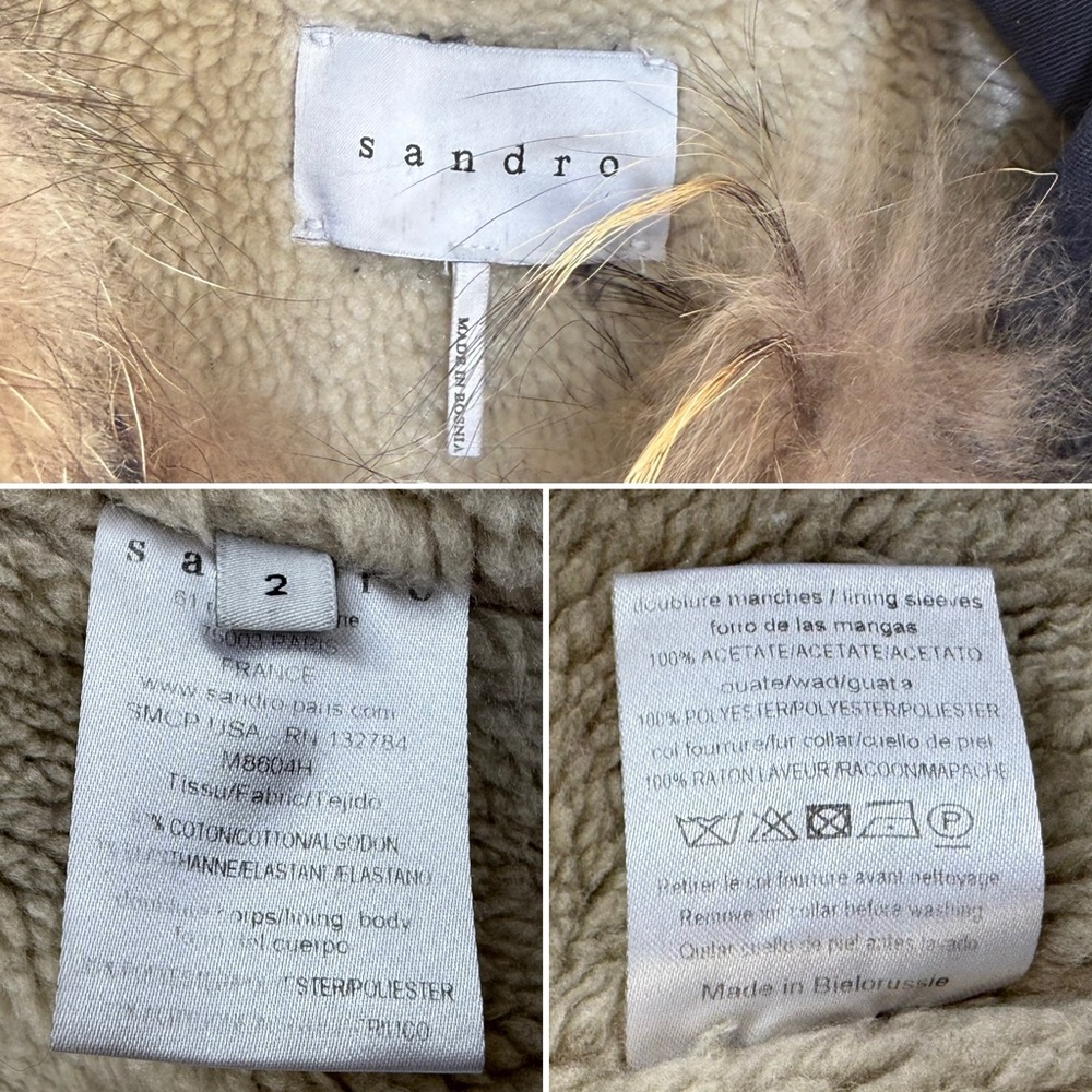 Sandro Fur Trimmed Parka Jacket Black Sherpa Lined Hooded Coat Women’s Size 2 M - Picture 12 of 16